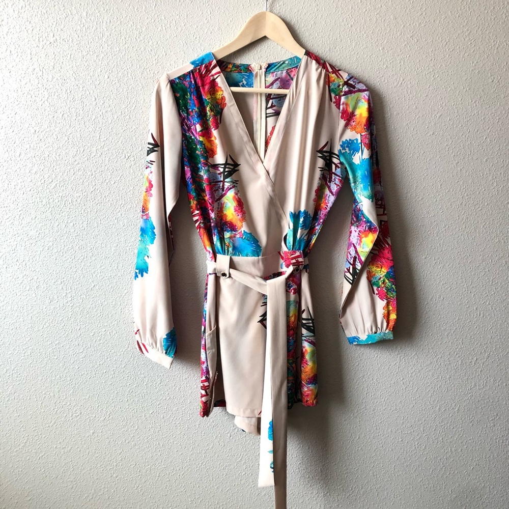 Bright Tropical Print Belted Long Sleeve Romper
